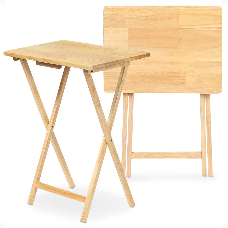 PJ Wood Folding Portable TV Snack Tray Table with Natural Finish, 2 Piece Set - VMInnovations