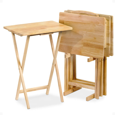 Folding TV Tray Tables w/ Compact Storage Rack, Natural, 5 Piece Set (Used)