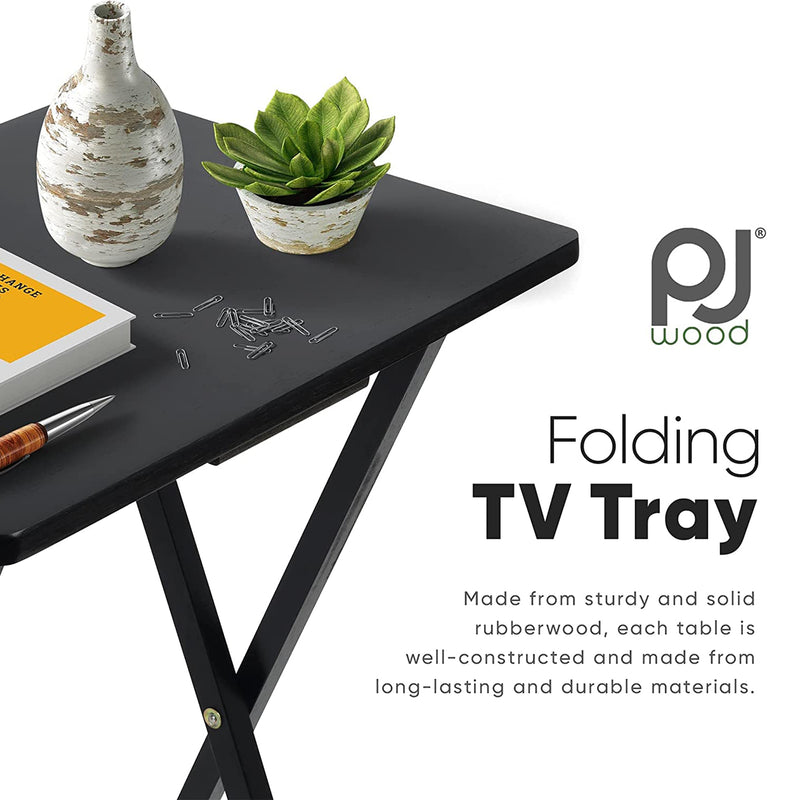 PJ Wood Folding TV Tray Tables with Compact Storage Rack, Black, 2 Piece Set