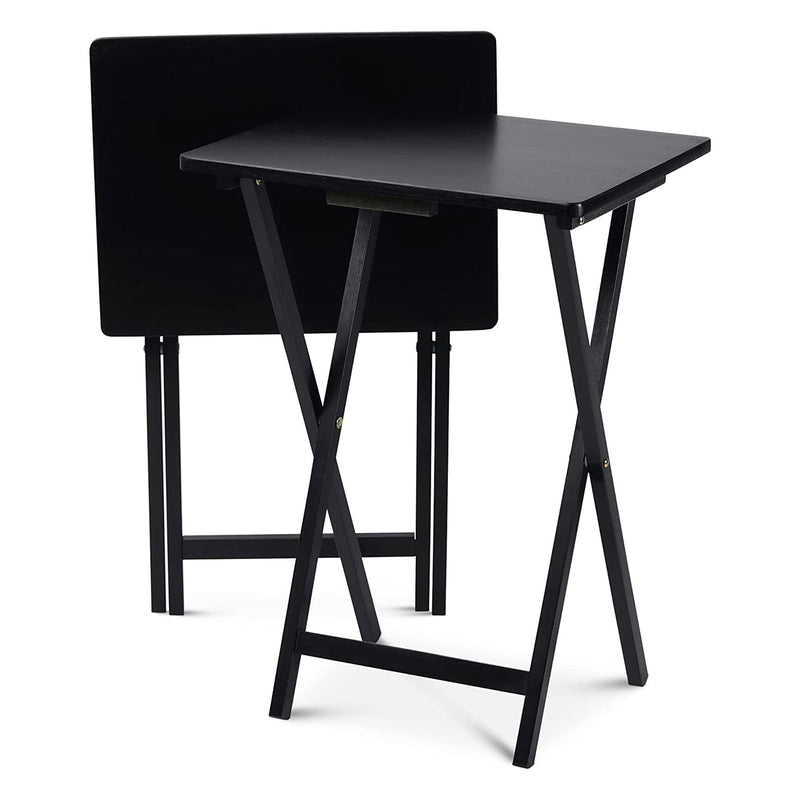 PJ Wood Folding TV Tray Tables w/Compact Storage Rack, Black, 2 Piece Set (Used)