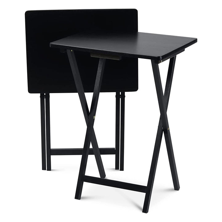 PJ Wood Folding TV Tray Tables with Compact Storage Rack, Black, 2 Piece Set