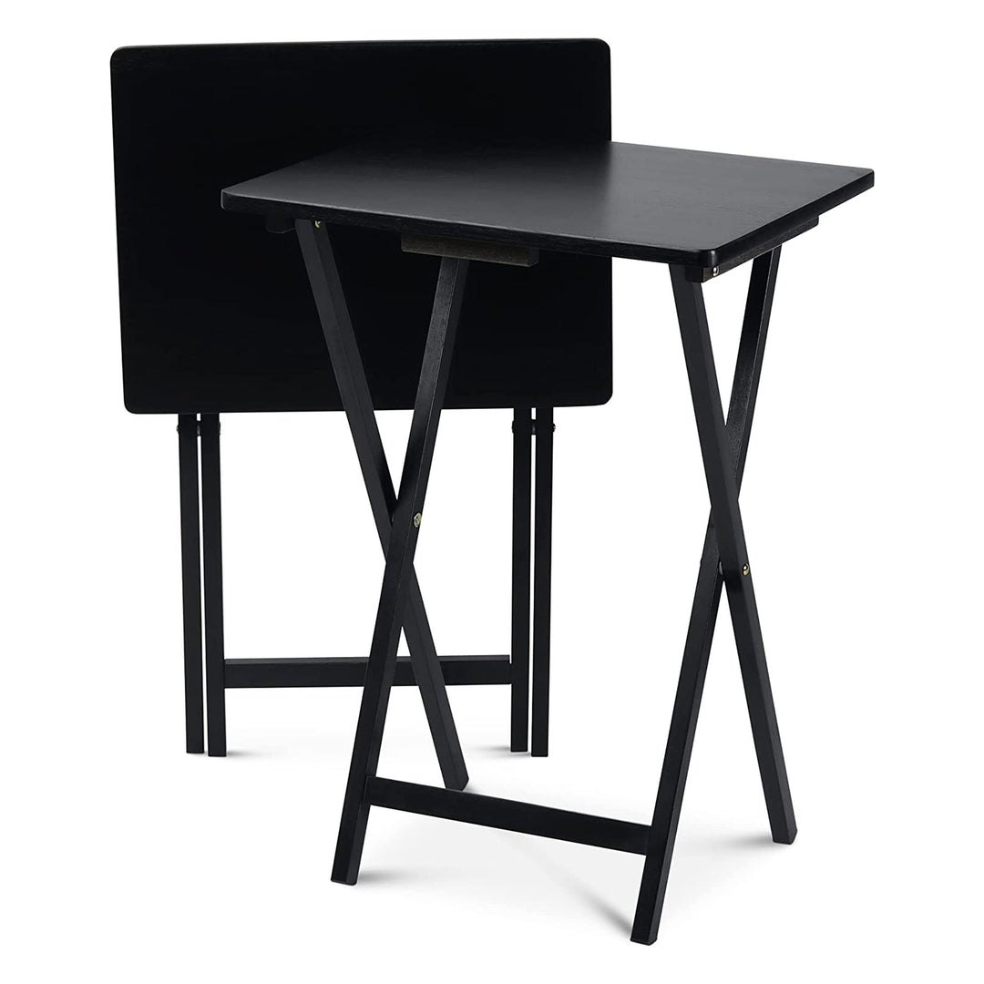 PJ Wood Folding TV Tray Tables with Compact Storage Rack, Black, 2pc (Damaged)