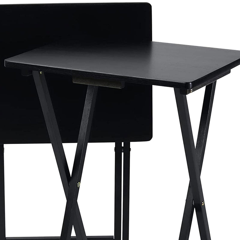PJ Wood Folding TV Tray Tables with Compact Storage Rack, Black, 2 Piece Set
