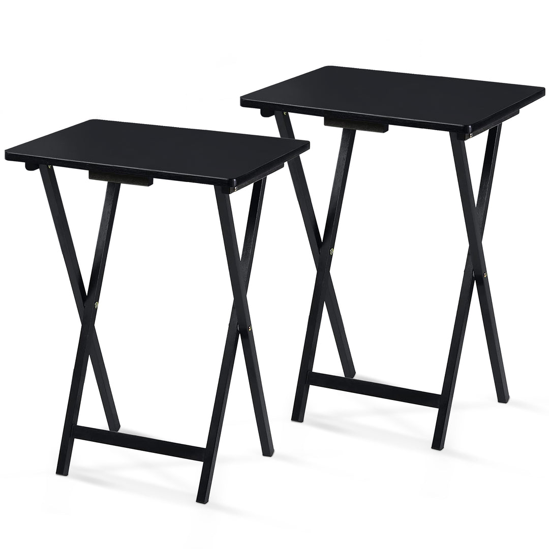 PJ Wood Folding TV Tray Tables with Compact Storage Rack, Black, 2 Piece Set