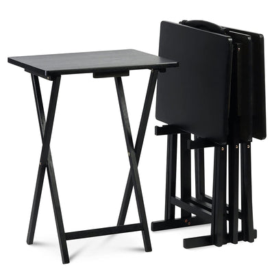 PJ Wood Folding TV Tray Tables w/Compact Storage Rack, Black, 5 Pc Set(Open Box)