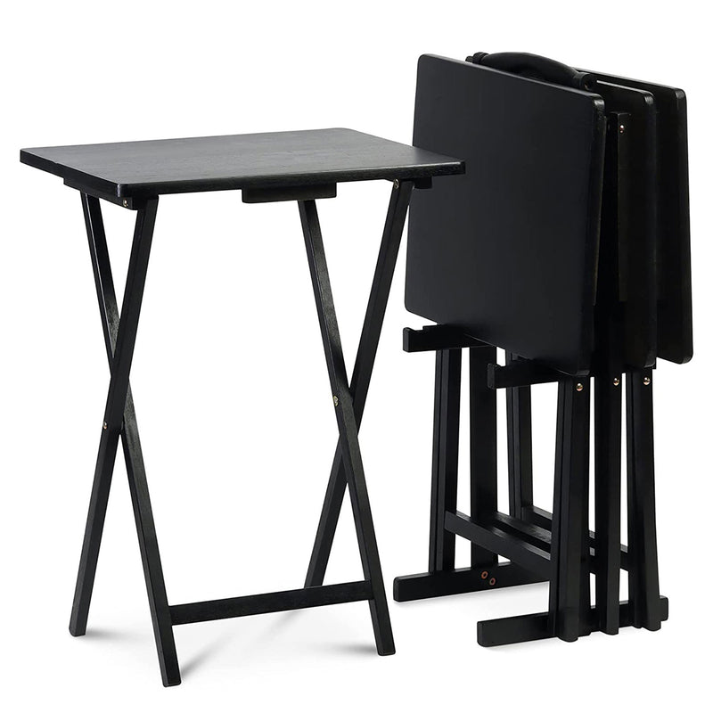 PJ Wood Folding TV Tray Tables with Compact Storage Rack, Black, 5 Piece Set