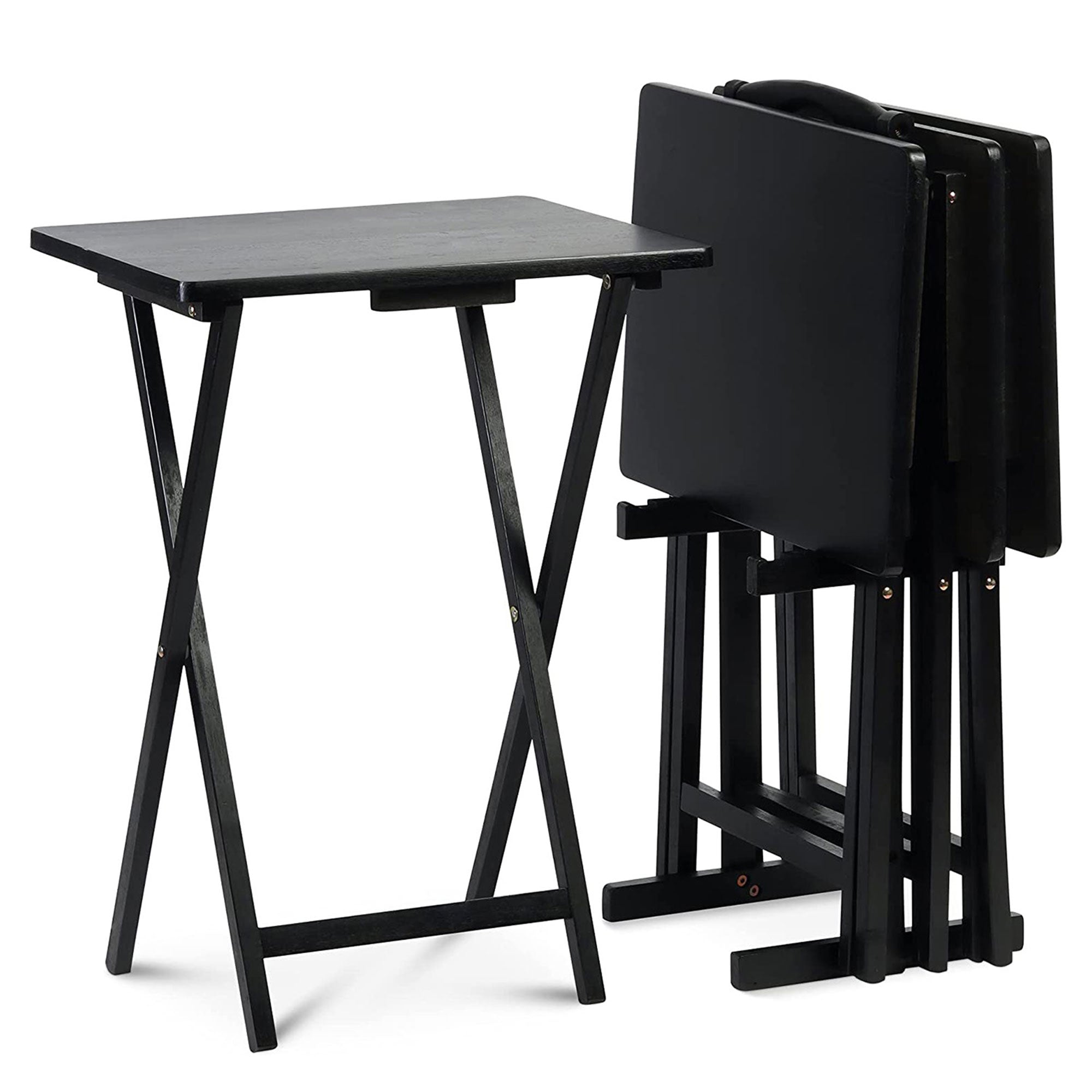 PJ Wood Folding TV Tray Tables with Compact Storage Rack, Black, 5pc (Open Box) - VMInnovations