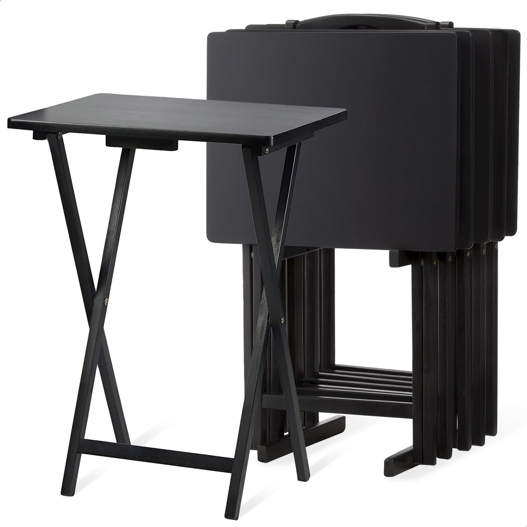 PJ Wood Folding TV Tray Tables w/Compact Storage Rack, Black, 5 Pc Set(Open Box)