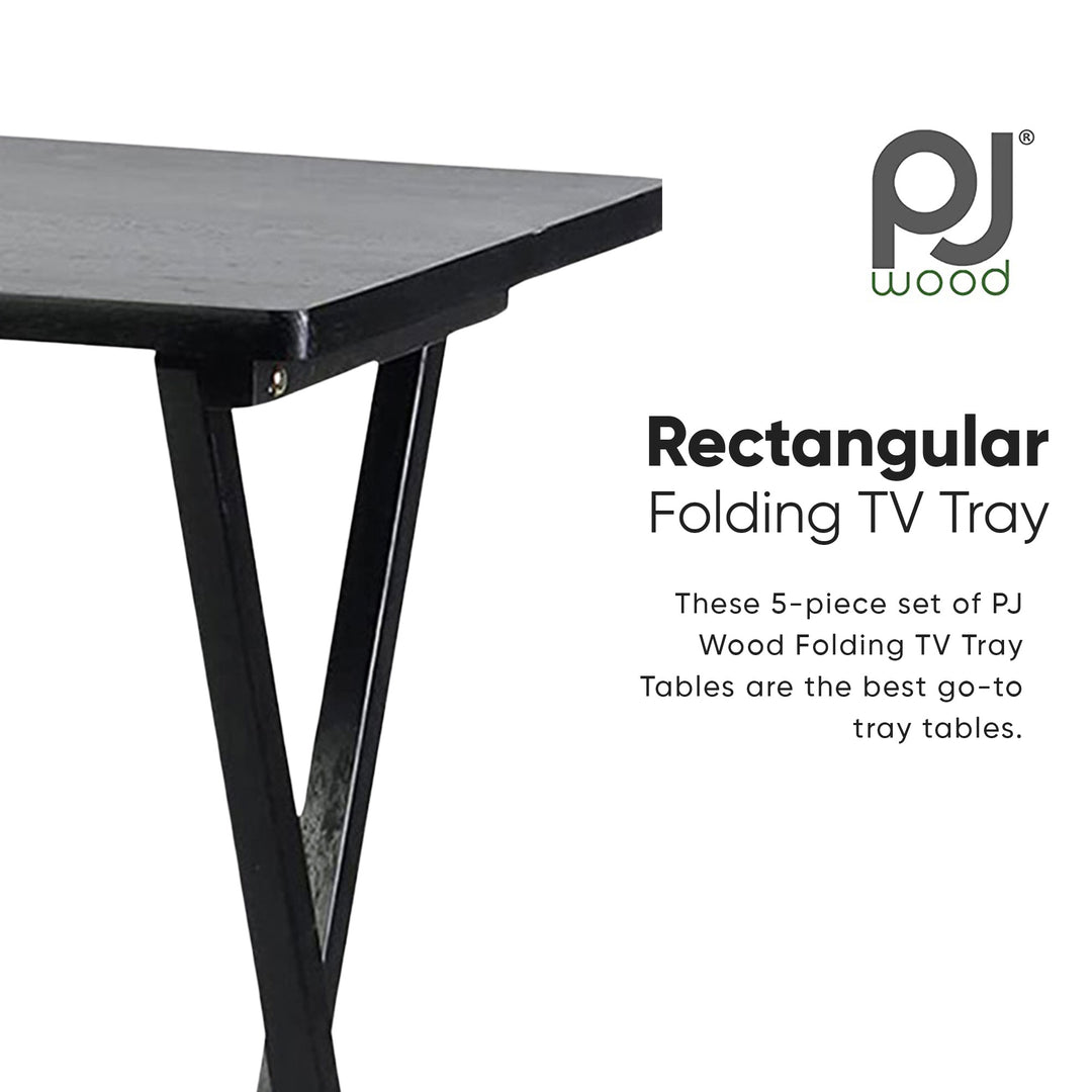 PJ Wood Folding TV Tray Tables with Compact Storage Rack, Black, 5 Pc Set (Used)