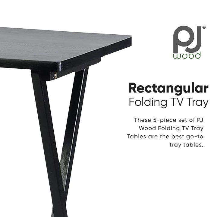 PJ Wood Folding TV Tray Tables with Compact Storage Rack, Black, 5 Pc Set (Used)