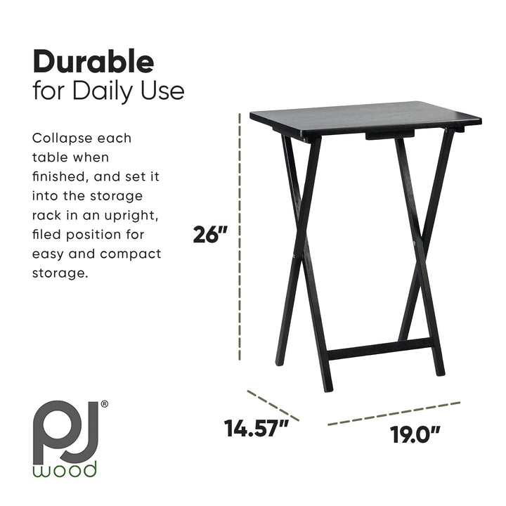 PJ Wood Folding TV Tray Tables with Compact Storage Rack, Black, 5 Pc Set (Used)