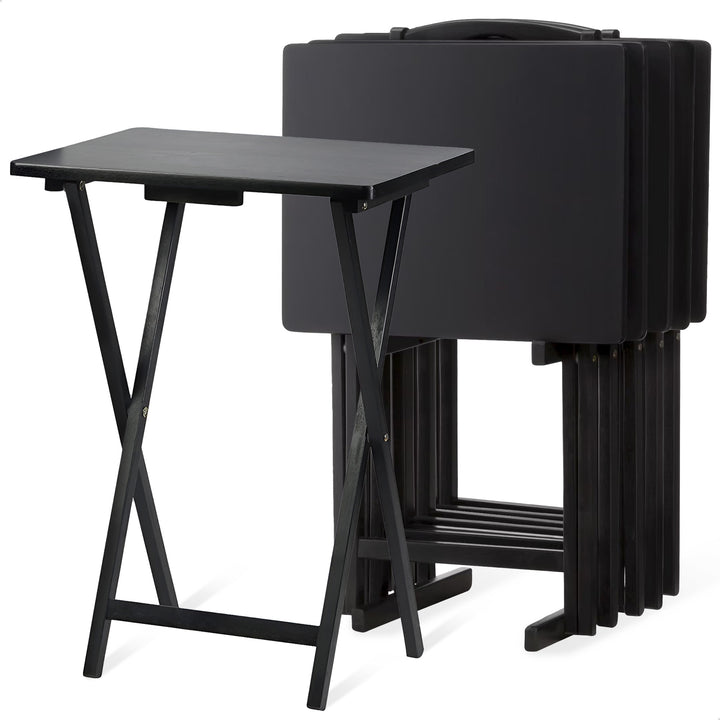 PJ Wood Folding TV Tray Tables with Compact Storage Rack, Black, 5pc (Open Box)