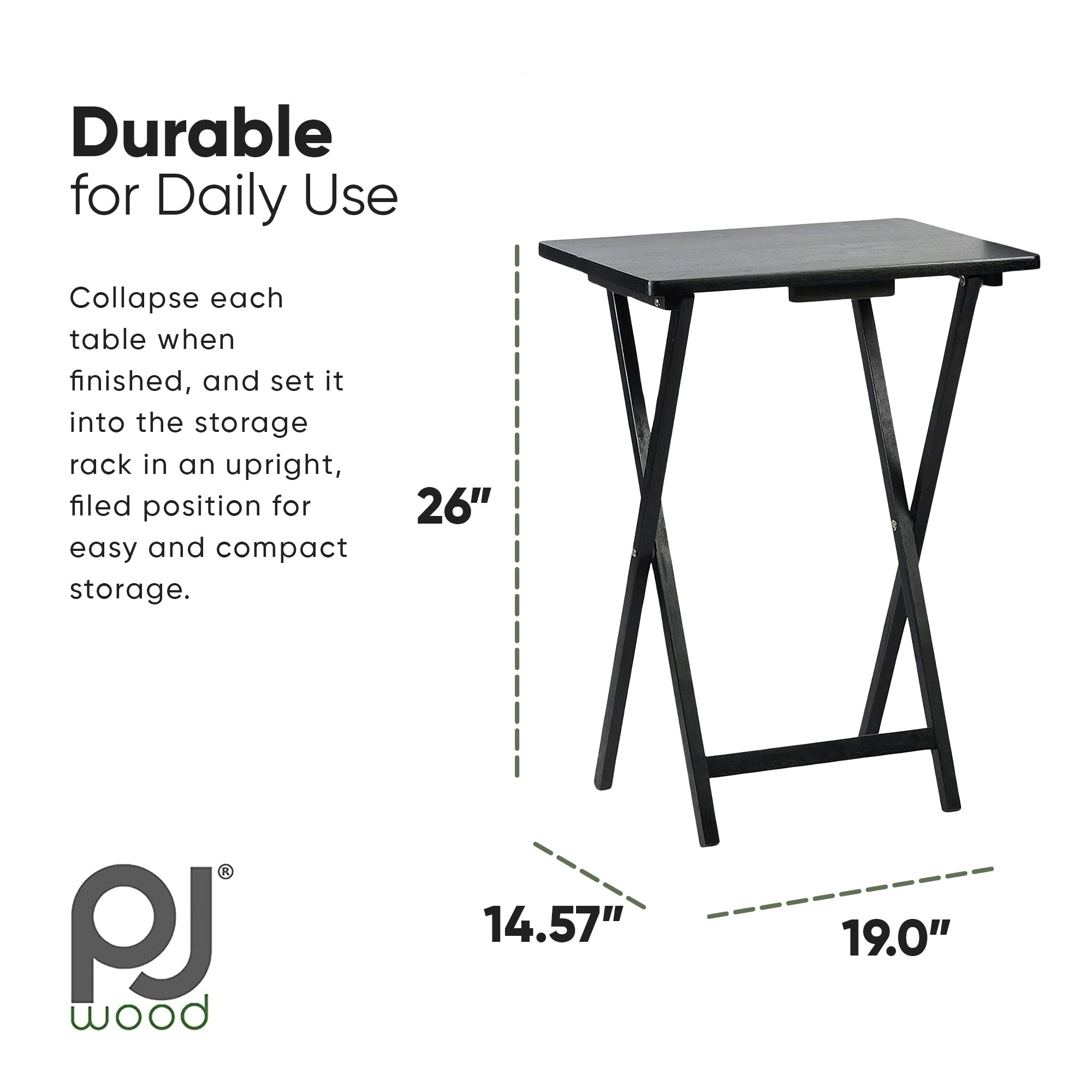 PJ Wood Folding TV Tray Tables with Compact Storage Rack, Black, 5 Piece Set