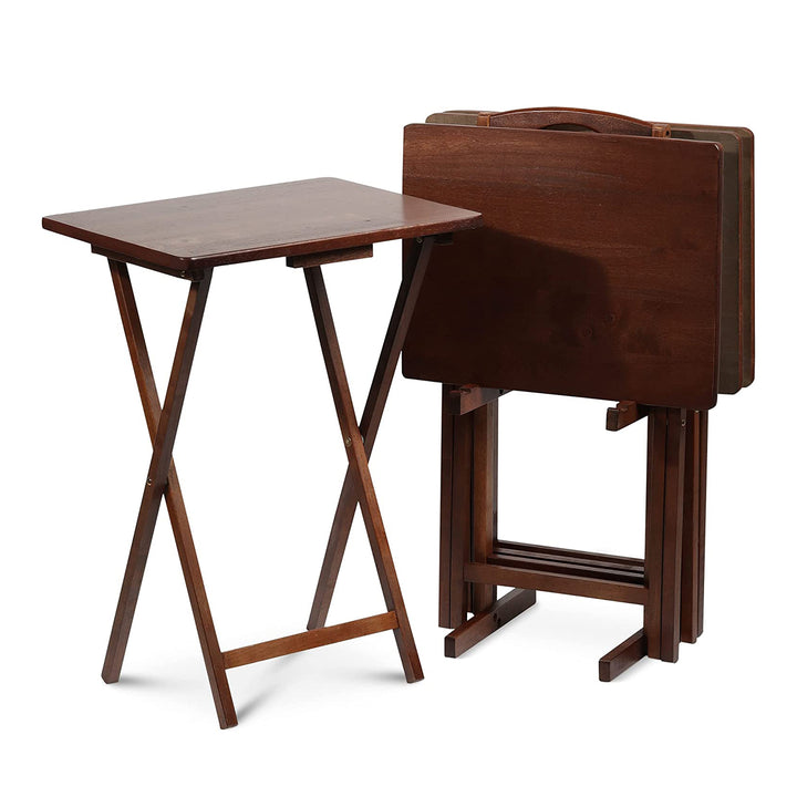 PJ Wood Folding TV Tray Tables w/ Compact Storage Rack, Honey Oak, 5 Pc(Used)
