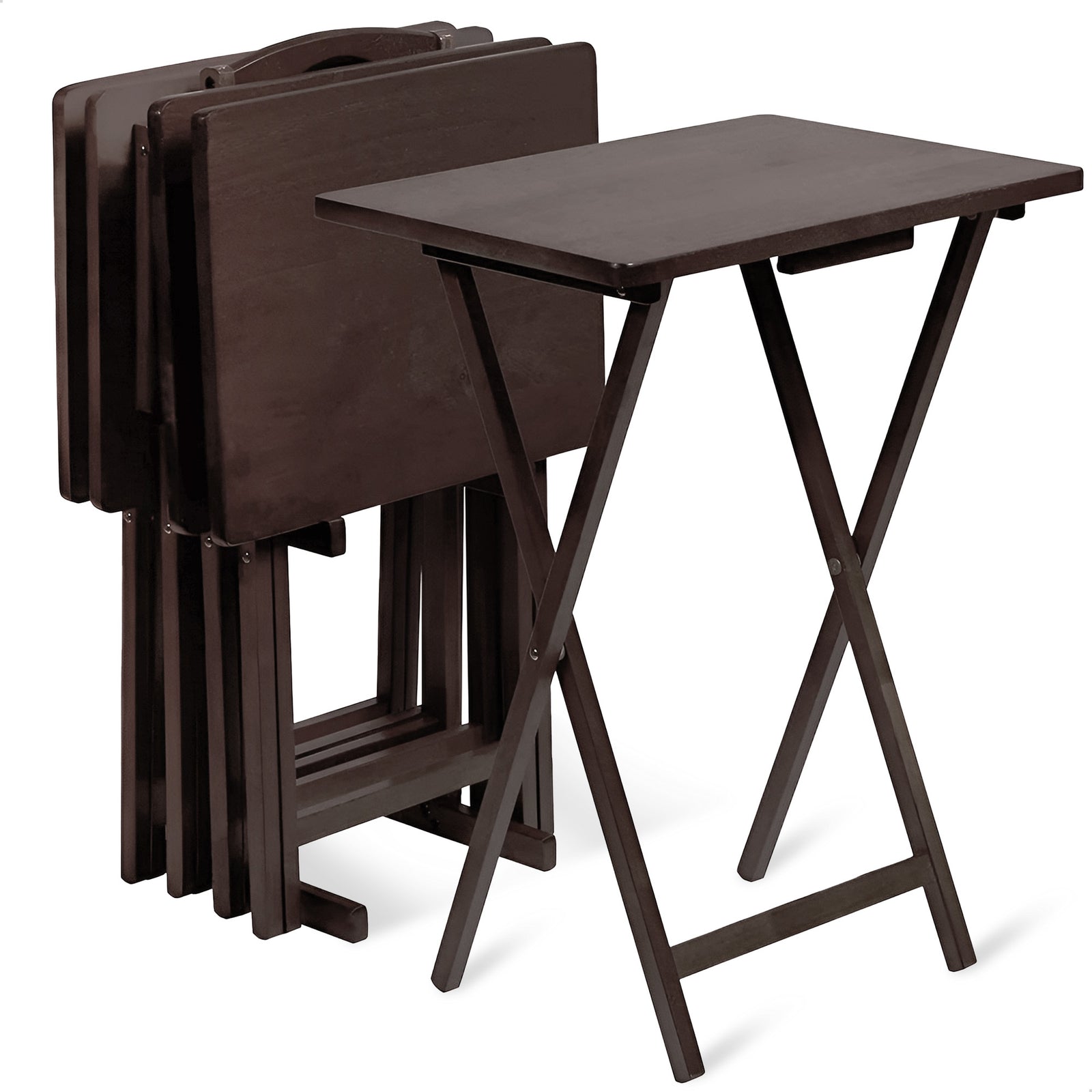 PJ Wood Folding TV Tray Tables with Compact Storage Rack, Espresso, 5 Piece Set - VMInnovations