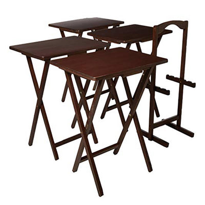 PJ Wood Folding TV Tray Tables with Compact Storage Rack, Walnut, 5pc(For Parts) - VMInnovations