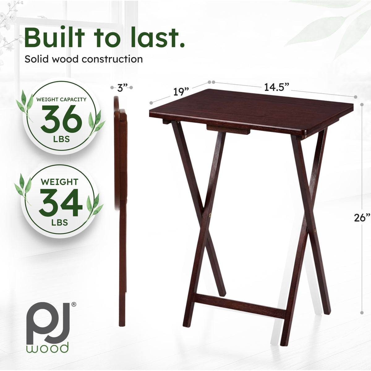 PJ Wood Folding TV Tray Tables with Compact Storage Rack, Walnut, 5 Piece Set