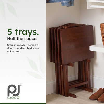 PJ Wood Folding TV Tray Tables with Compact Storage Rack, Walnut, 5 Piece Set
