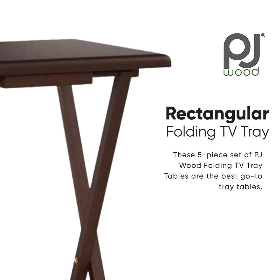 PJ Wood Folding TV Tray Tables with Compact Storage Rack, Walnut, 5 Piece Set