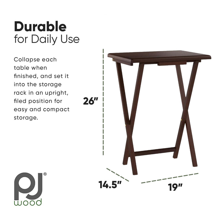 PJ Wood Folding TV Tray Tables w/Compact Storage Rack, Walnut,5 Pc Set(Open Box)