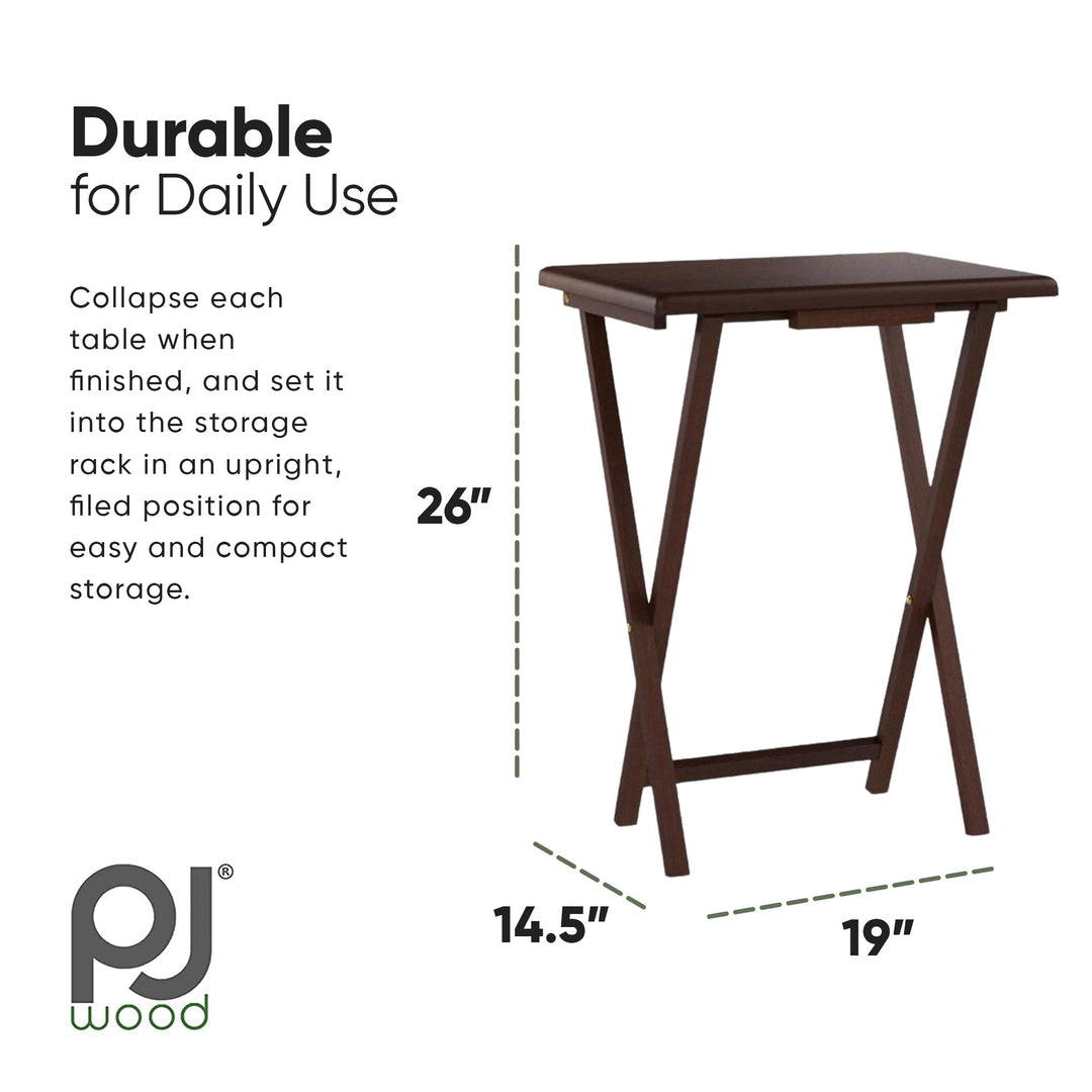 PJ Wood Folding TV Tray Tables with Compact Storage Rack, Walnut, 5pc (Used)