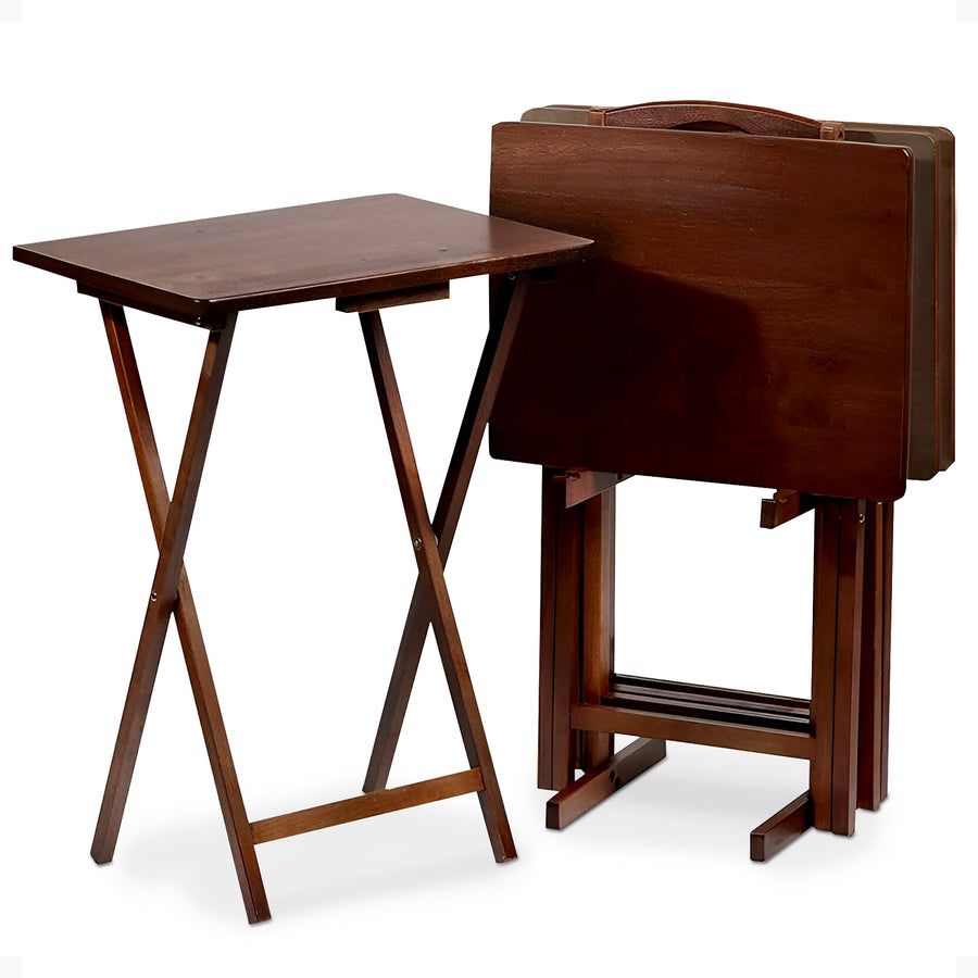 PJ Wood Folding TV Tray Tables with Compact Storage Rack, Walnut, 5 Piece Set - VMInnovations
