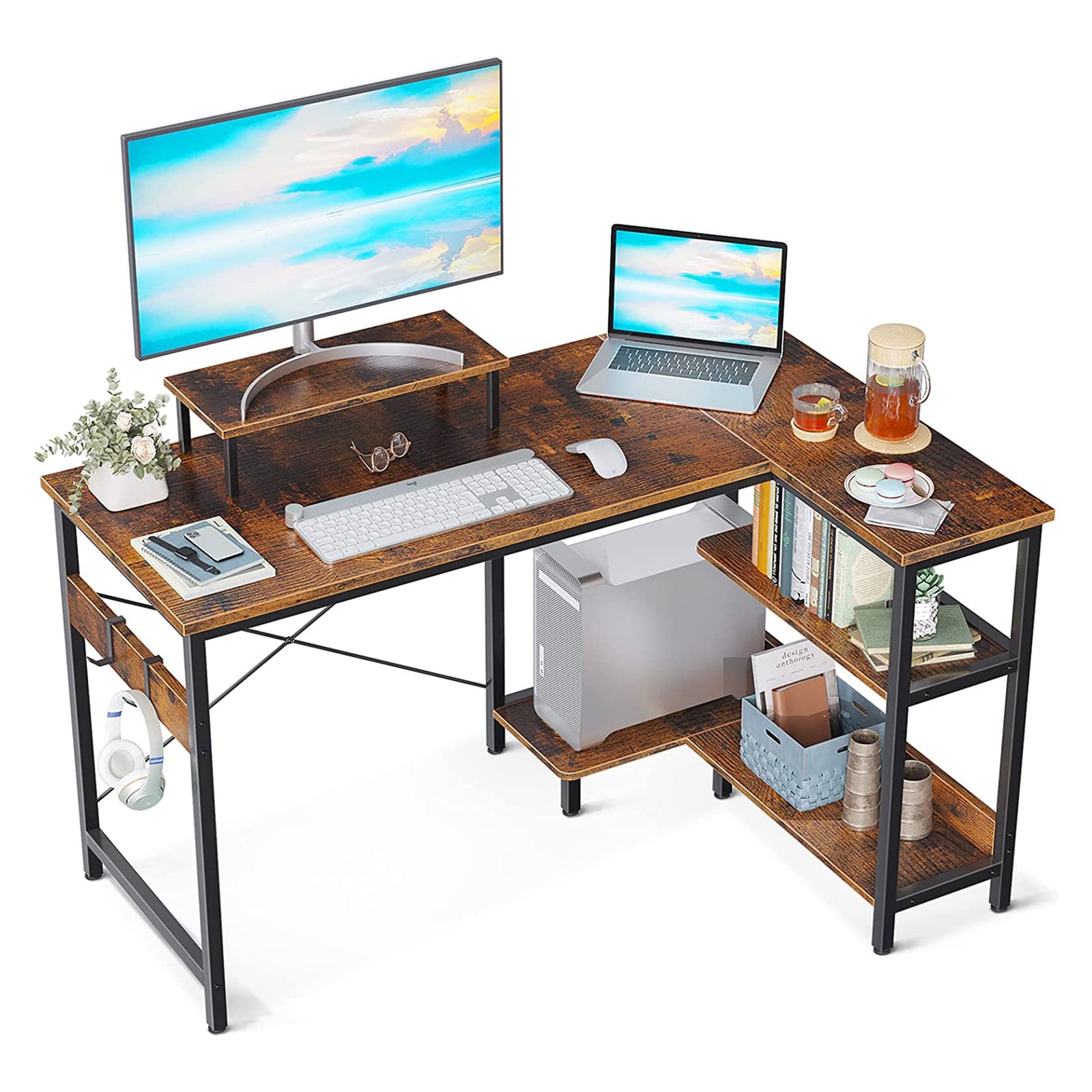 ODK 47 In Compact L Shaped Desk w/ Storage Shelves & Monitor Stand, Rustic Brown - VMInnovations