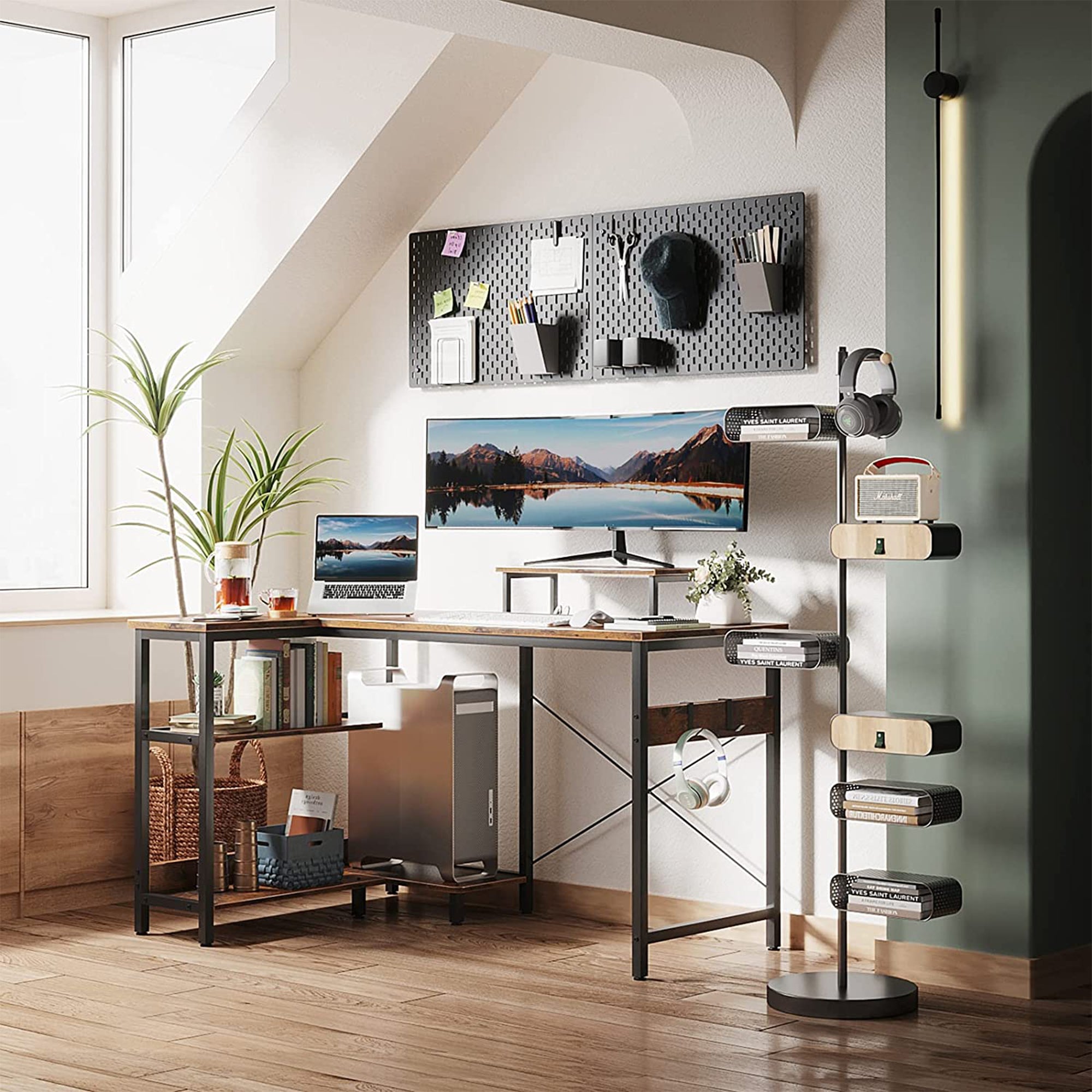 ODK 47 In Compact L Shaped Desk w/ Storage Shelves & Monitor Stand, Rustic Brown - VMInnovations