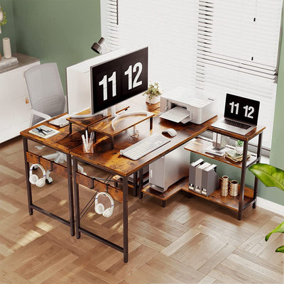 ODK 47 In Compact L Shaped Desk w/ Storage Shelves & Monitor Stand, Rustic Brown - VMInnovations
