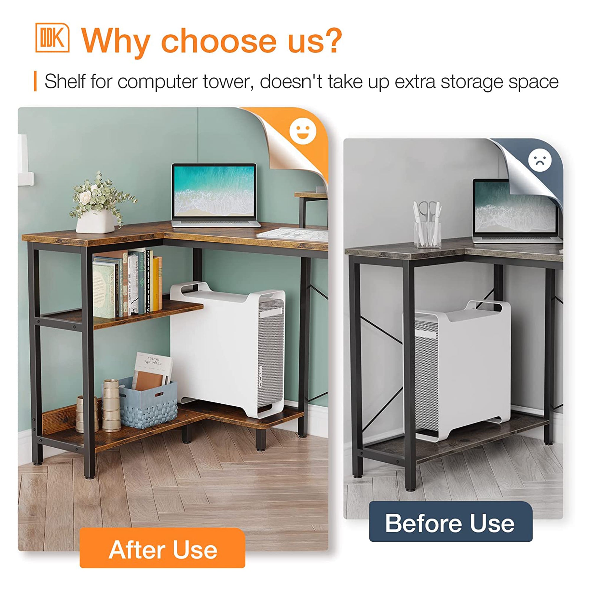 ODK 47 In Compact L Shaped Desk w/ Storage Shelves & Monitor Stand, Rustic Brown - VMInnovations
