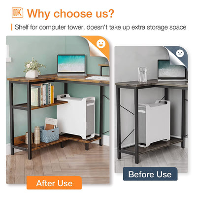 ODK 47 In Compact L Shaped Desk w/ Storage Shelves & Monitor Stand, Rustic Brown - VMInnovations