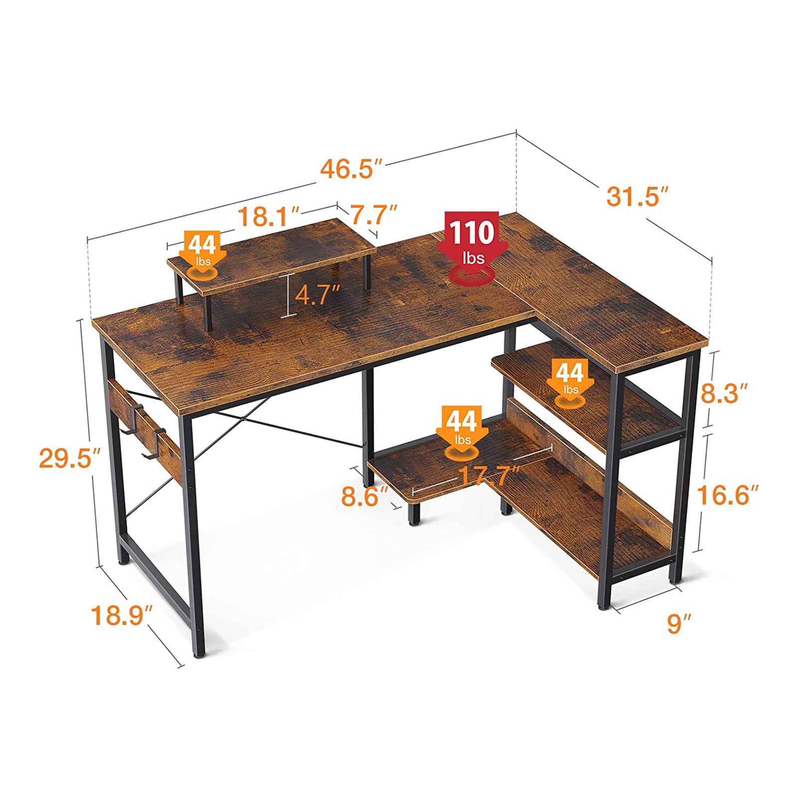 ODK 47 In Compact L Shaped Desk w/ Storage Shelves & Monitor Stand, Rustic Brown - VMInnovations
