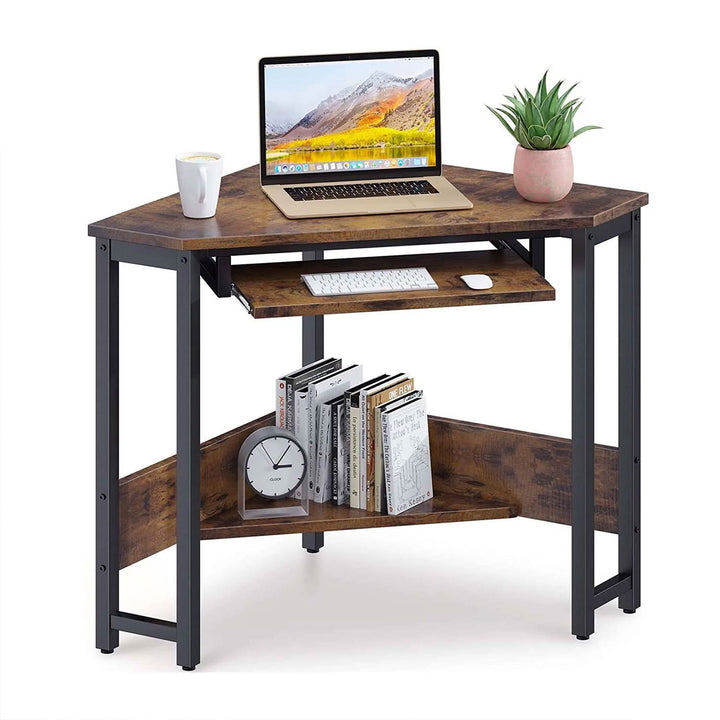 ODK Corner Triangle Computer Desk w/ Storage Space & Keyboard Tray, Rustic Brown