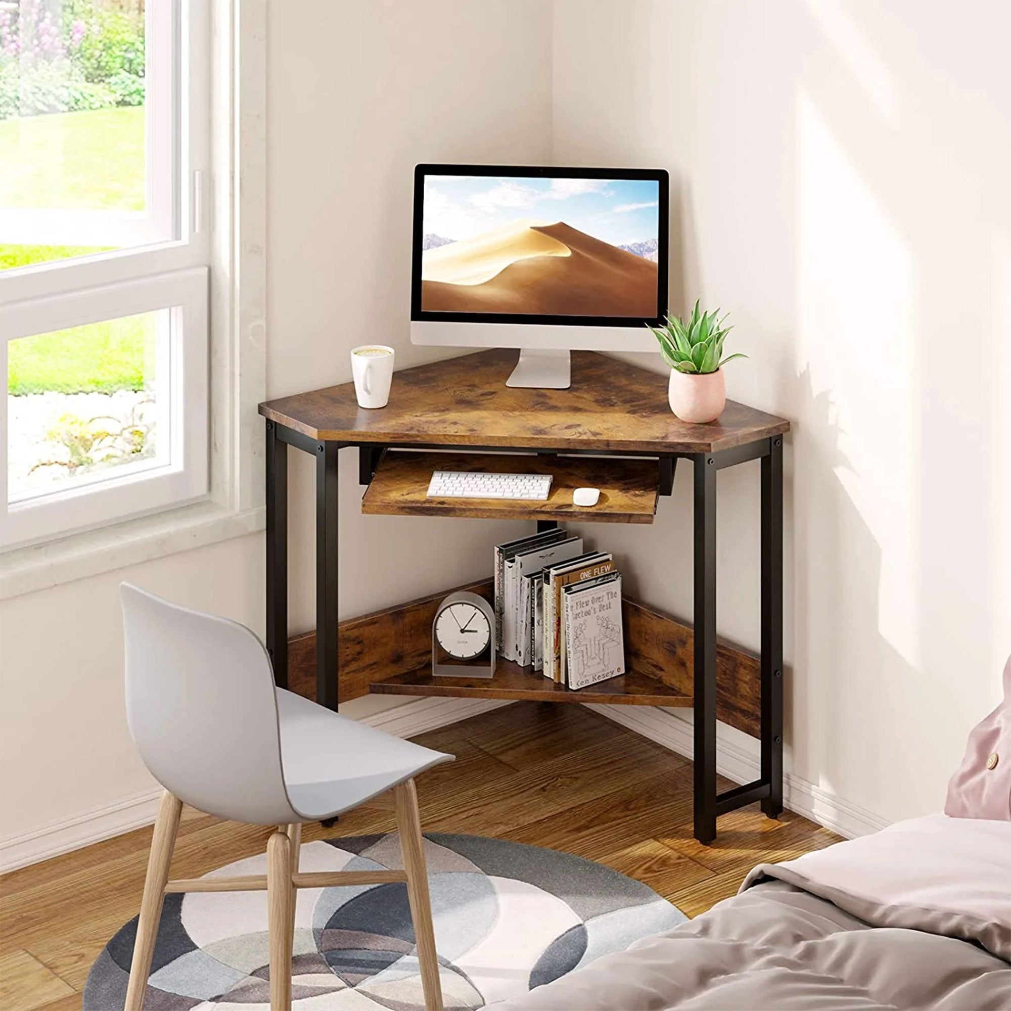 Corner Triangle Computer Desk w/ Storage Space & Keyboard Tray (Used) - VMInnovations