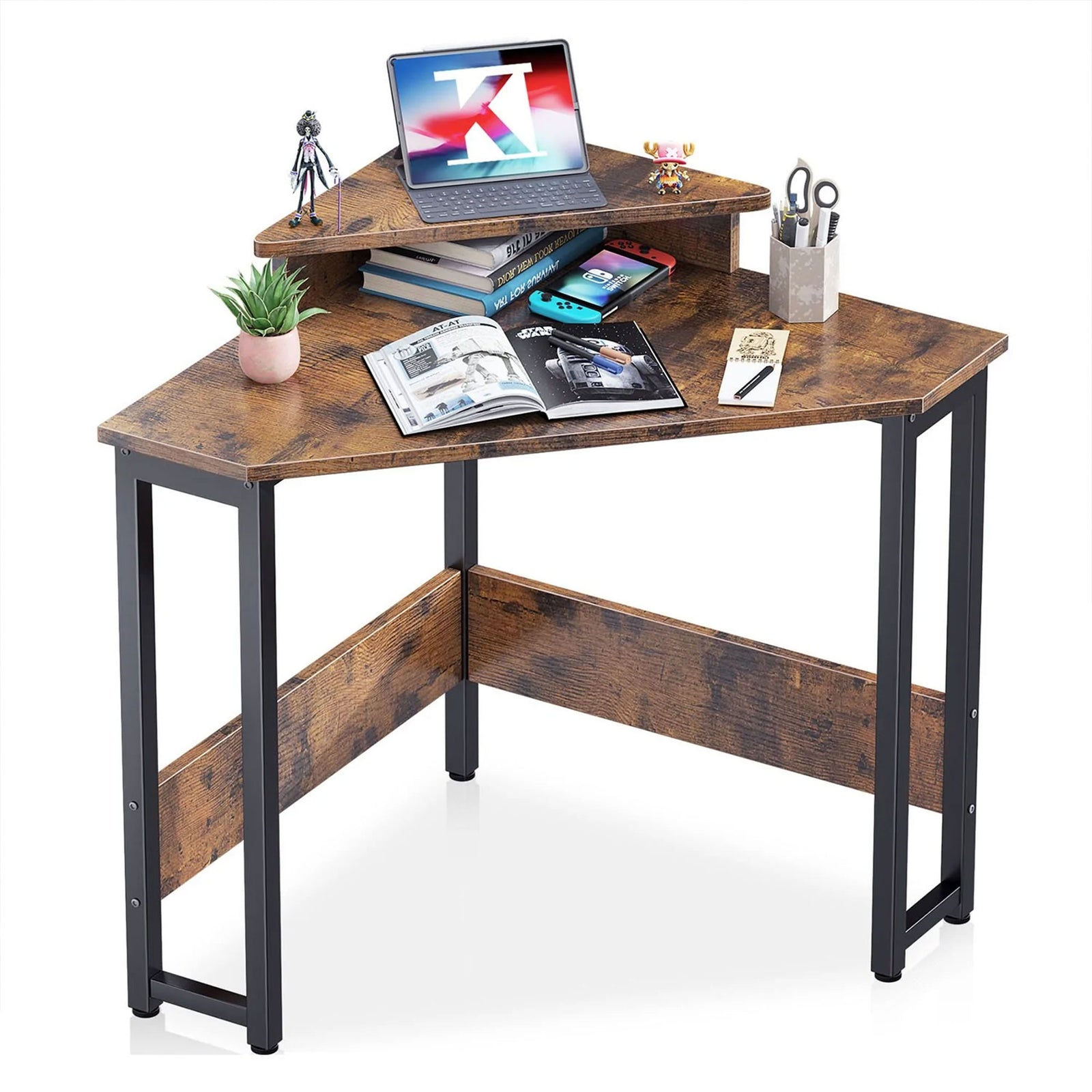 ODK Modern Triangle Corner Computer Writing Desk w/ Monitor Stand, Rustic Brown - VMInnovations