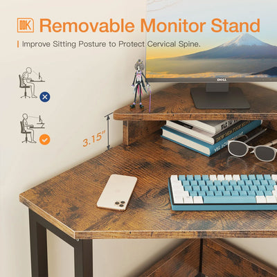 ODK Modern Triangle Corner Computer Desk w/Monitor Stand, Rustic Brown (Used) - VMInnovations