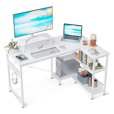 Compact L Shaped Desk with Storage Shelves and Monitor Stand, White (Open Box) - VMInnovations