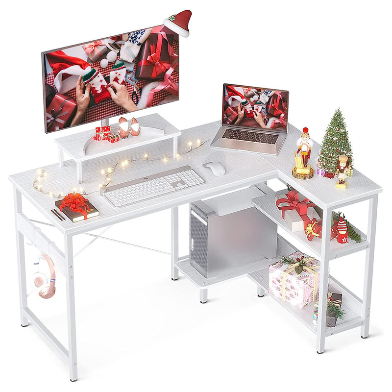 ODK 47 Inch Compact L Shaped Desk with Storage Shelves and Monitor Stand, White