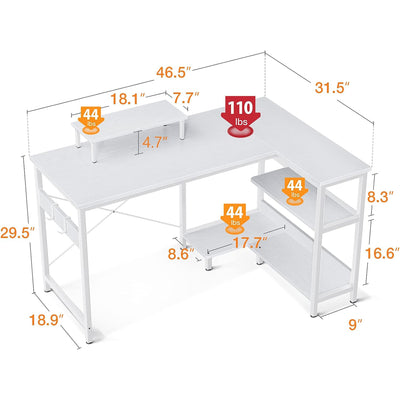 ODK 47 Inch Compact L Shaped Desk with Storage Shelves and Monitor Stand, White