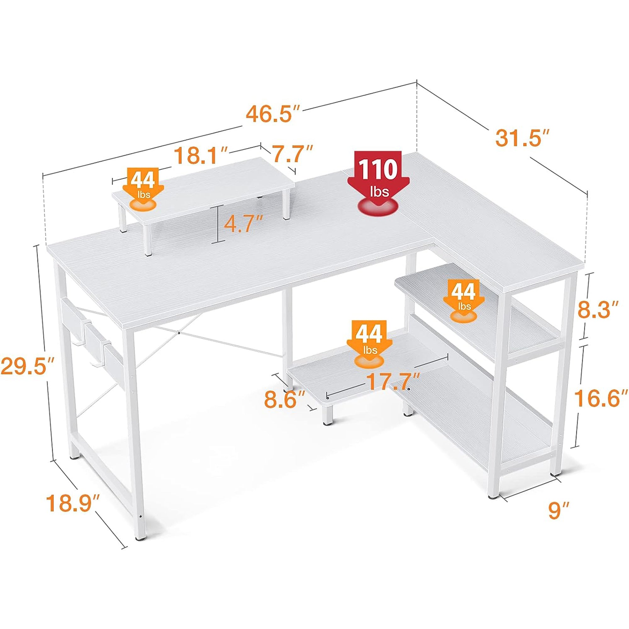 ODK 47 Inch Compact L Shaped Desk w/Storage Shelves & Monitor Stand (For Parts)