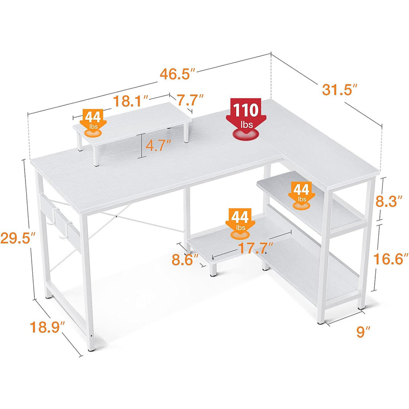 ODK 47 Inch Compact L Shaped Desk with Storage Shelves and Monitor Stand, White