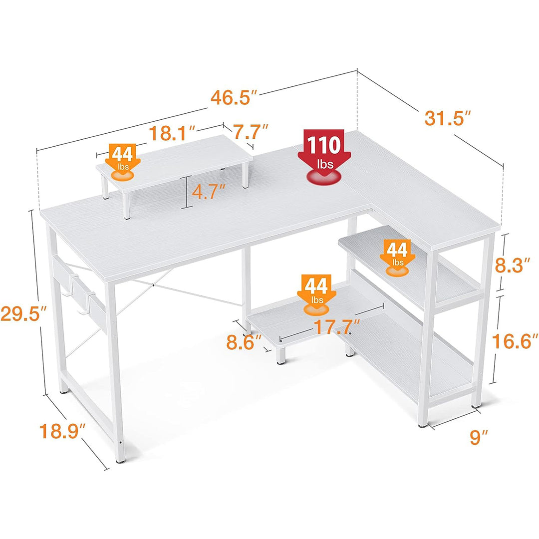 Compact L Shaped Desk with Storage Shelves and Monitor Stand, White (Open Box)