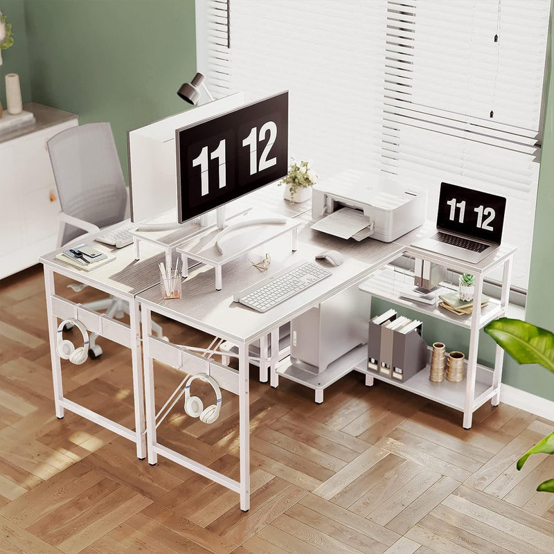 Compact L Shaped Desk with Storage Shelves and Monitor Stand, White (Open Box)