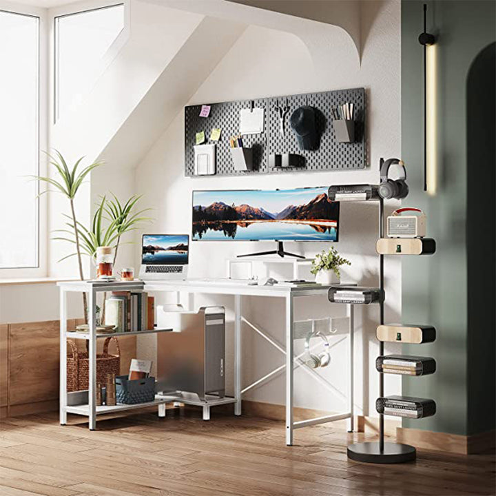 Compact L Shaped Desk with Storage Shelves and Monitor Stand, White (Open Box) - VMInnovations