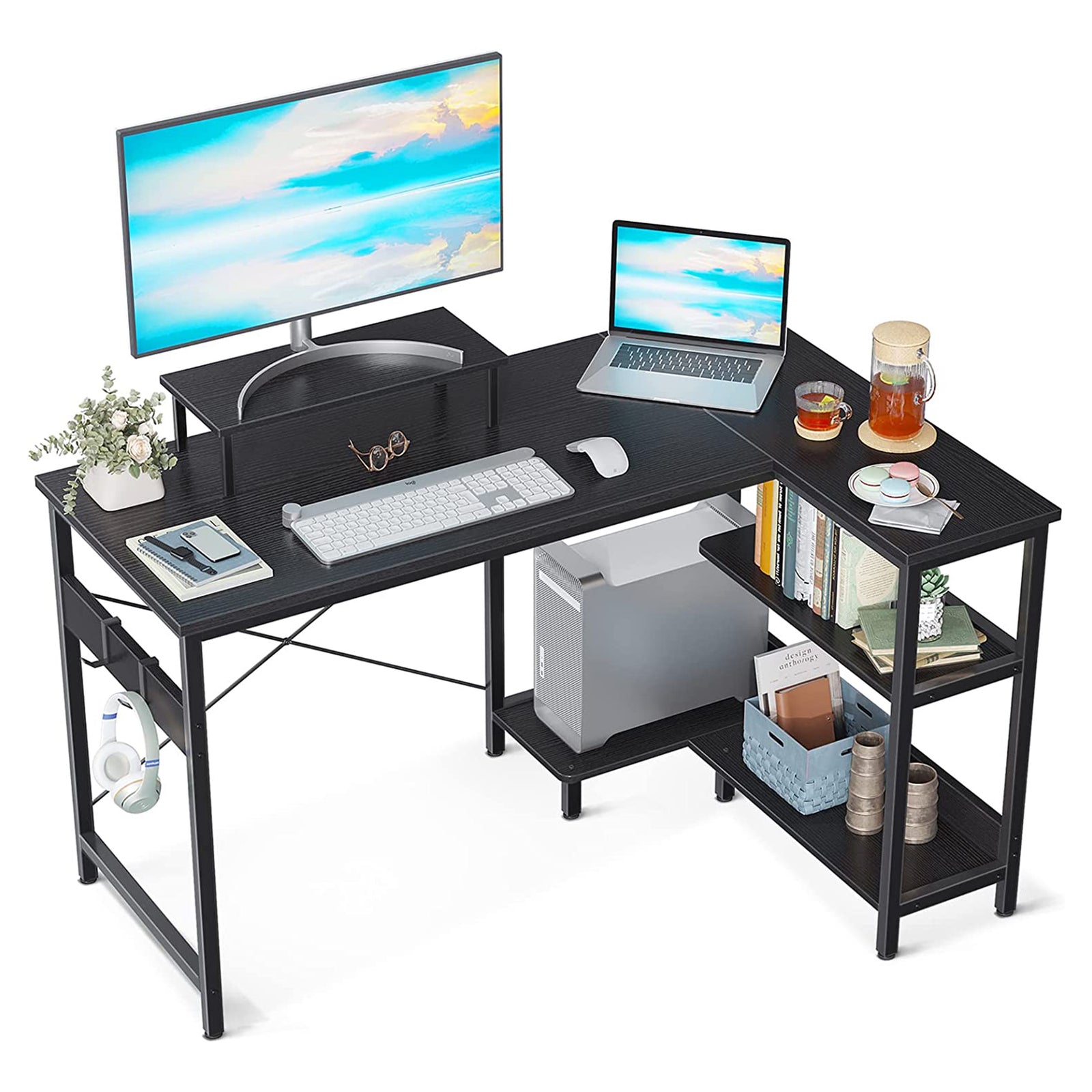 ODK 47 Inch Compact L Shaped Desk with Storage Shelves and Monitor Stand, Black - VMInnovations
