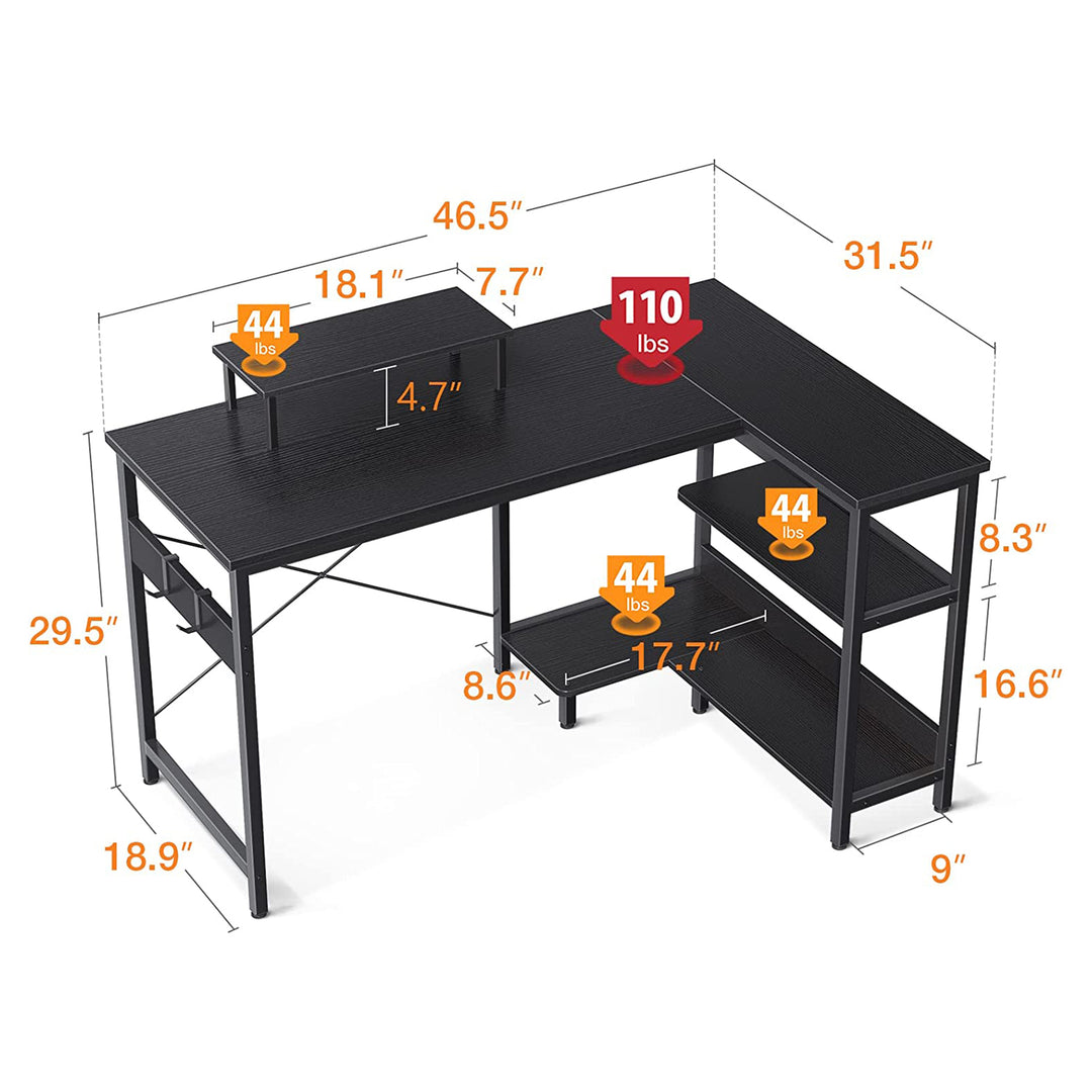 ODK 47 Inch Compact L Shaped Desk with Storage Shelves and Monitor Stand, Black