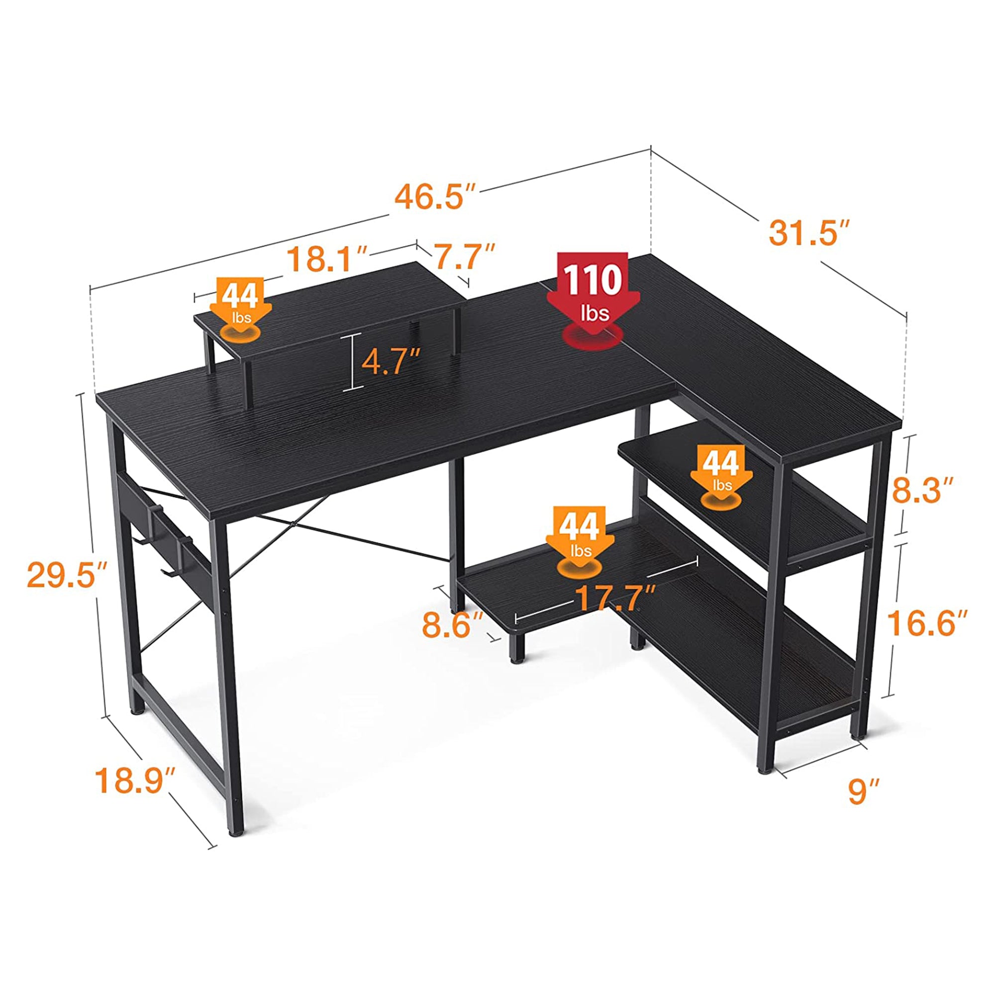 ODK 47 Inch Compact L Shaped Desk with Storage Shelves and Monitor Stand, Black - VMInnovations