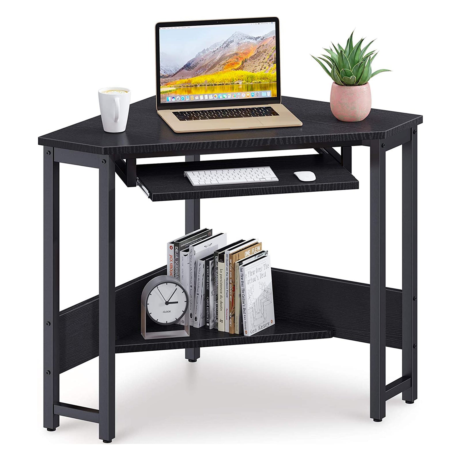 ODK Modern Triangle Corner Computer Writing Desk w/ Keyboard Tray, Black (Used) - VMInnovations