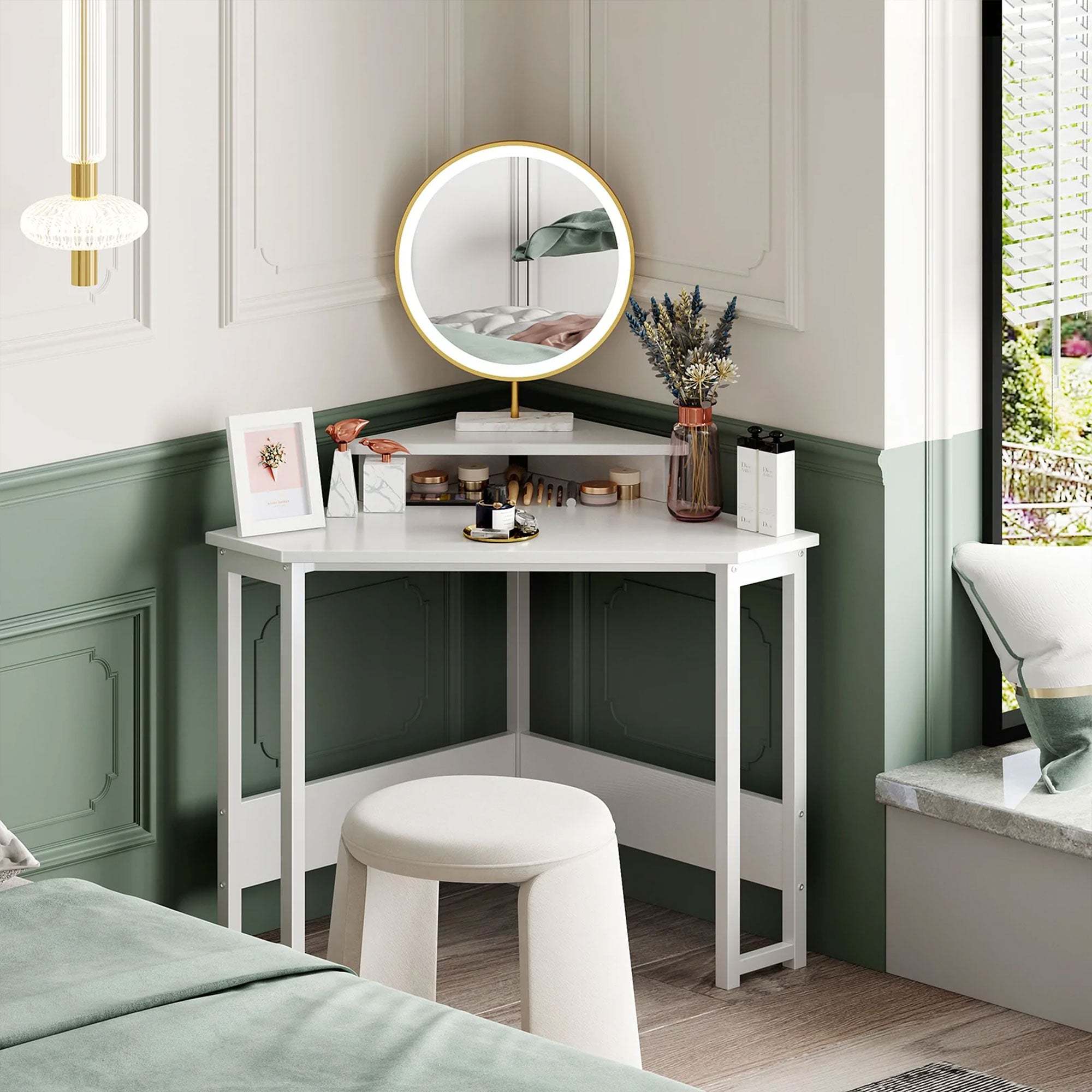 Modern Triangle Corner Computer Desk w/ Raised Monitor Stand, White (Open Box) - VMInnovations