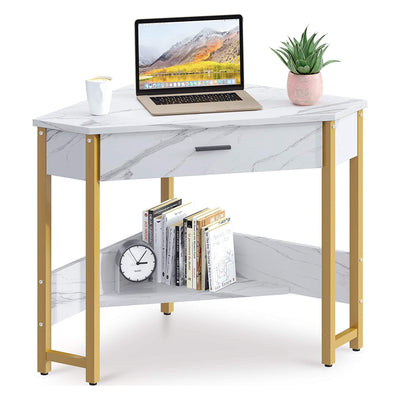ODK Modern Corner Vanity Writing Desk w/Large Drawer, Gold Marble (For Parts) - VMInnovations